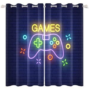 Blue Neon Video Gaming Gamer Curtains Vibrant Accents Thick Curtains w Grommets